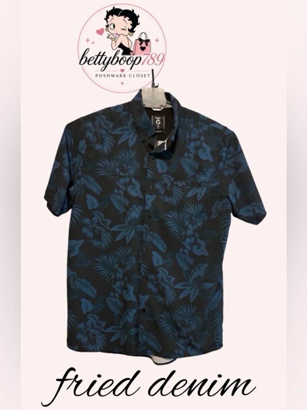 Men's Casual Black Short-Sleeve Button-Down Shirt with Navy Floral Print